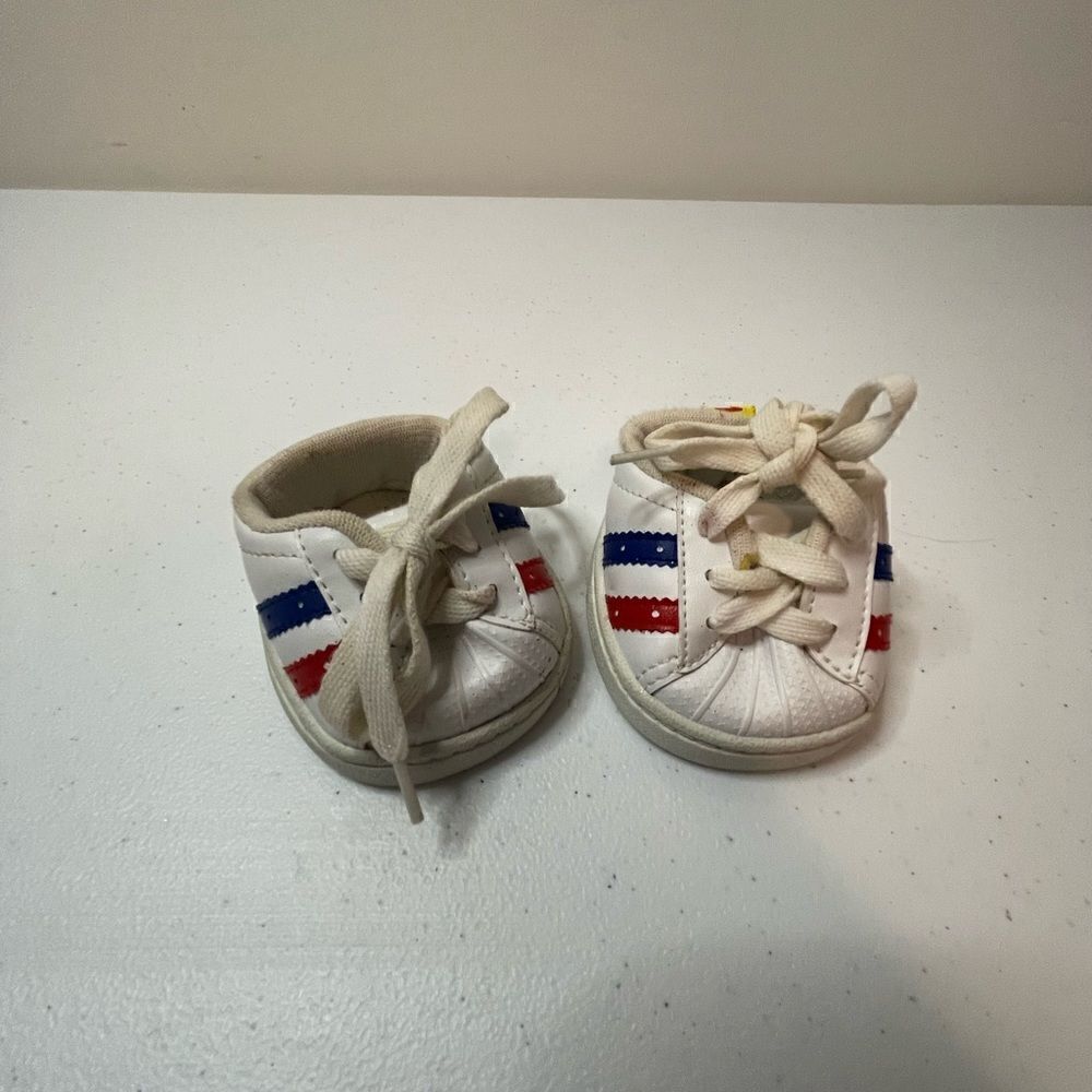 Build A Bear white sneakers BAB red and blue stripes